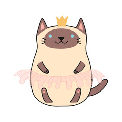 Cute funny princess cat cartoon character illustration. Hand drawn kawaii style design, line art, drawing, isolated vector. Kids print element
