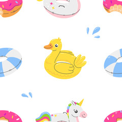 Seamless pattern with rubber rings unicorn, duck, donut on a white background in cartoon flat style. Vector summer illustration background.