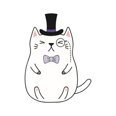 Cute funny gentleman cat cartoon character illustration. Hand drawn kawaii style design, line art, drawing, isolated vector. Kids print element
