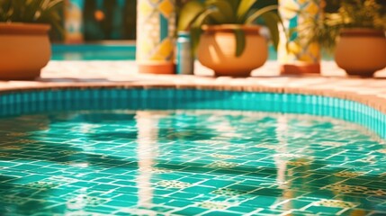 Fototapeta na wymiar Nahaufnahme von einem retro Schwimmbad oder Pool mit türkis farbigen Fliesen an einem heißen Sommertag Topfpflanzen im verschwommenen Hintergrund, Generative AI