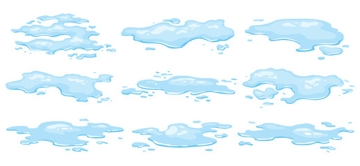 Water spill puddles set. Blue liquid various shape in flat cartoon style. Clean fluid drop design elements isolted on white background