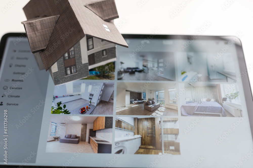 Poster small house model is on table and icons home electronics devices connecting with wireless. smart hom