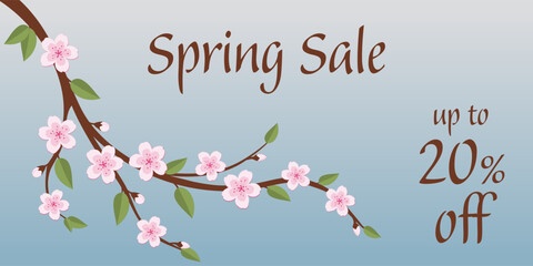 Spring Sale up to 20% off - Schriftzug in englischer Sprache - Frühlingsverkauf bis zu 30% Rabatt. Verkaufsplakat mit einem Kirschblütenzwrig.