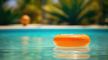 Fototapeta na wymiar Ein orangefarbener Schwimmreifen schwimmt auf der Wasseroberfläche eines erfrischenden Pools im Sommer, Generative AI
