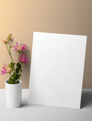 Empty blank of paper mockup with pink blossom flowers in vase. Bloom floral and template of flat card. Generative AI
