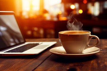 Fototapeta premium A cup of delicious aromatic coffee against the background of the morning sun. The concept of remote work and office in a cafe or restaurant. Generative AI.