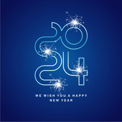 Happy New Year 2024 eve ultra modern neon line design numbers typography white blue icon logo with sparkle firework