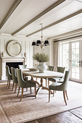 Fototapeta premium Interior design, white dining room decor and house improvement, furniture, table, chairs and home decor, country cottage style, generative ai