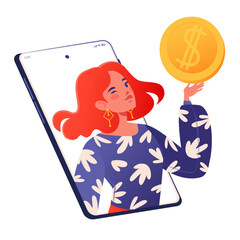Concept of online banking, earnings, business, successful online investments and financing. Smiling, happy girl, cartoon flat character, looking out of cell phone, winking and holding large gold coin