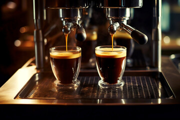 Close-up of espresso pouring from a professional coffee machine. Making coffee in the restaurant and bar. Generative AI.