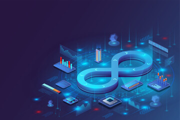 3D DevOps. Development service. Continuous icon. Delivery of software app. Cycle cloud of process. Digital connection. Agile technology. Data infographic. Vector isometric background