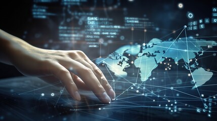 Hand touching virtual panel with infographics. AI generative image.