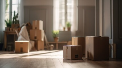 Boxes in house, moving day concept. AI generative image.