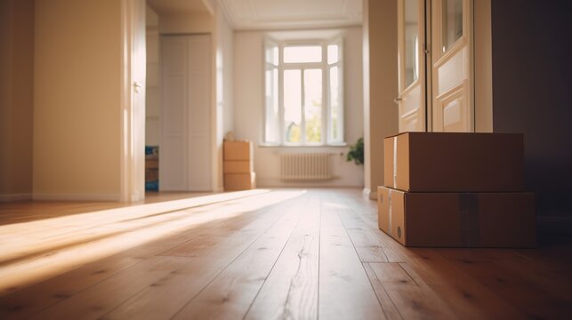 Boxes in house, moving day concept. AI generative image.