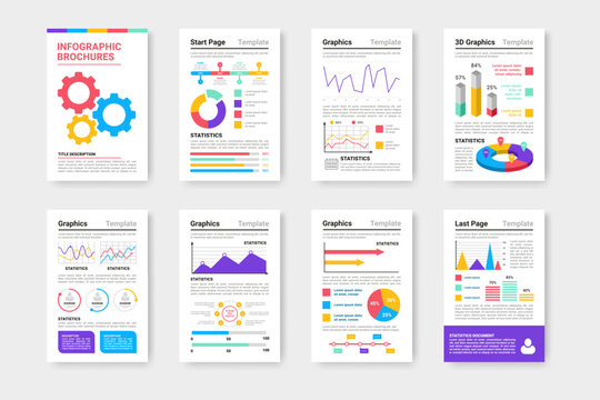 Infographic charts. Business graph. Corporate documents. Analytics diagrams. Information presentation. Statistics sheets template. Flat info design elements. Vector data report pages set