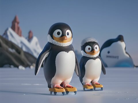 niedlicher Pinguin: Schlittschuhlaufen vor einer malerischen Kulisse aus Pinguinen und verschneiten Bergen: eisige Abenteuer Generative AI