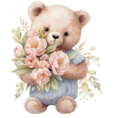 Cute Bear with Peonies Bouquet Watercolor Clipart, Pastel Peony Watercolor, Peonies PNG, Pastel Flowers Watercolor, made with generative AI	