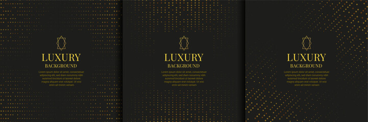 Luxury background. Premium gold pattern. Dark dot texture. VIP modern template banner. Golden glitter. Geometric elegant shapes. Square frames. Vector abstract luxurious cards design set