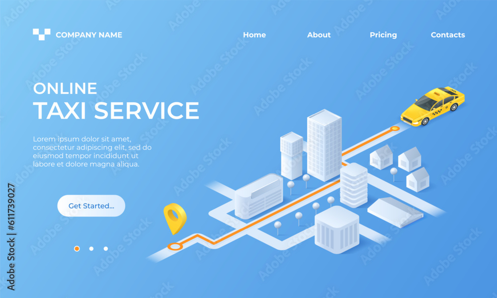 Poster isometric taxi landing page. urban map in online service app. car driving on highway. cab route. cit