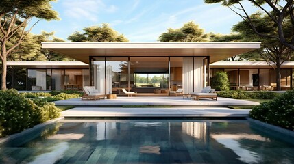 Obraz na płótnie Canvas Modern Luxurious, Mansion in Nature Forest, Landscaped garden, Glass and greenery, Hermes Style, Refreshing Morning in the Hamptons, Natural sunlight - Generative AI