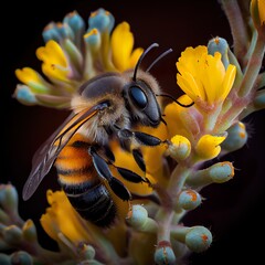 Only rarely seen - detailed view of a honey bee collecting pollen on a marguerite