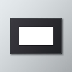 Realistic horizontal blank photo frame on grey background. Empty black photo frame. Mockup for pictures, photography, poster. Moodboard. Decorative design element interior. 3d vector illustration