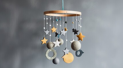Eco-Friendly Baby Crib Mobile with Handmade Felt and Wood Toys - Stars, Planets, Moon. Hanging from Gray Background Above Newborn Bed. Generative AI