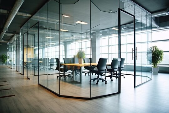 Contemporary Glass Partition in Spacious Corporate Office with Panoramic Windows and Hexagonal Design: Generative AI