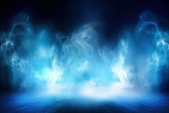 Blue Spotlight and Smoke on Stage. Entertainment Background with Color Shadows and Mysterious Atmosphere. Generative AI
