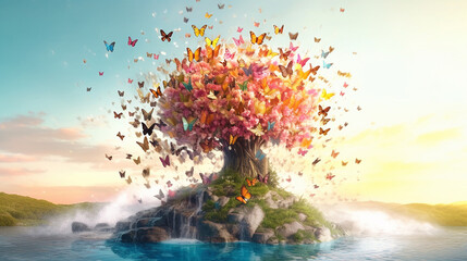 Tree on hill beautiful butterflies attract the tree leaves Generative AI