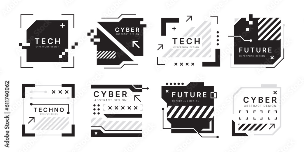 Poster Tech elements. Abstract square shapes. Modern frame box. Cyber glitch future title. Monochrome silhouette HUD borders. Panel display. Digital screens set. Vector cyberpunk design background