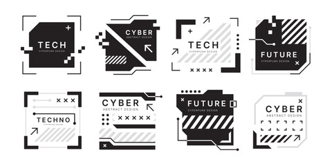 Tech elements. Abstract square shapes. Modern frame box. Cyber glitch future title. Monochrome silhouette HUD borders. Panel display. Digital screens set. Vector cyberpunk design background