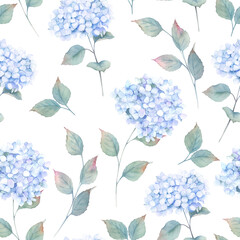 Watercolor seamless pattern. Vintage print with hortensia flowers. Hand drawn illustration on white background