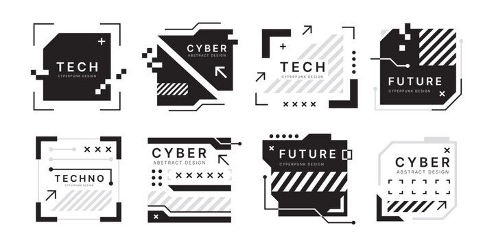 Tech Elements. Abstract Square Shapes. Modern Frame Box. Cyber Glitch Future Title. Monochrome Silhouette HUD Borders. Panel Display. Digital Screens Set. Vector Cyberpunk Design Background