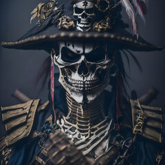 pirate skull and crossbones, skeletal samurai , skeletal samurai with pirate hat, Samurai Skull. 