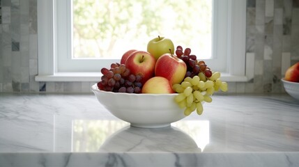 A white bowl of fruit stands in front of a window in the kitchen, generative ai, generativ, ki