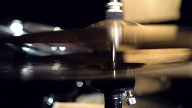 Close-up view of cymbals in drum kit, percussion musical instrument for playing.