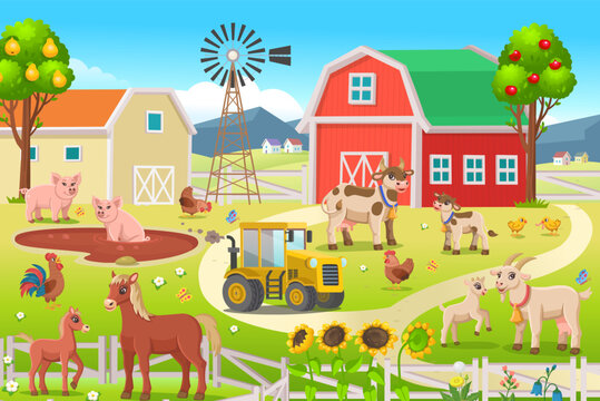 Farm panorama with a  barn, tractor, houses, mills, fields, trees and farm animals. Big scene with farm animals for kids.Vector illustration in cartoon style.