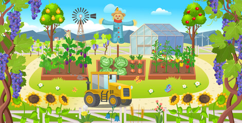 Naklejka premium Farm panorama with garden with vegetables on the beds, mills, fields, trees, vineyard and tractor, windmill, scarecrow. Big scene for kids.Vector illustration in cartoon style. 