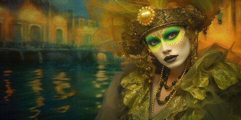 Hintergrund für Fasching Karneval - Verkleidete Person mit goldenen Hintergrund - Venezianischer Stil