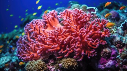 Naklejka na ściany i meble Beautiful Corals. Coral Reef. Colorful Corals and Exotic Fishes at the Bottom of the Red Sea. Beautiful Underwater Coral Reef. Sea Life. Ai Generated Art.