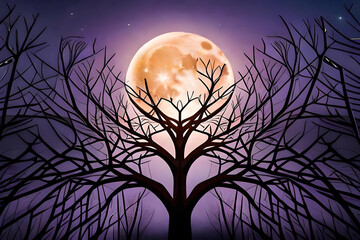  the moon as it peeks through the branches of a tree