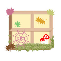 Nice window decorated with leaves, cobwebs, and mushrooms 