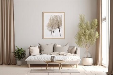 Canapé moderne dans une pièce neutre, dans le style de mise en scène minimaliste, beige foncé et beige clair, cottagecore, palettes monochromes, maquette - obrazy, fototapety, plakaty