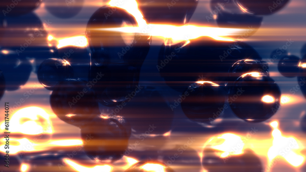 Poster glowing blue slime benign elements particles - dark bokeh backdrop - abstract 3d rendering