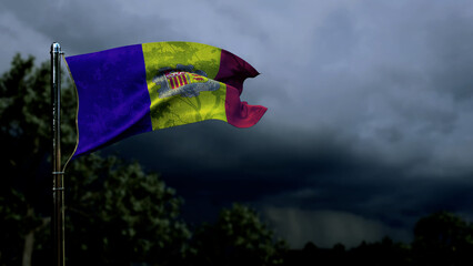 Andorra flag for day of the flag on dark storm clouds - abstract 3D illustration