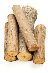 Several cut willow logs isolated over white background