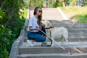 Blind young blonde petting a guide dog on a walk in the park. Woman with tactile cane at the stairs. 