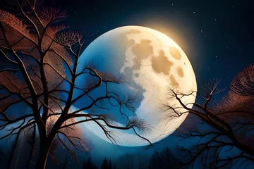 Store enrouleur occultant sans perçage Pleine Lune arbre  the moon as it peeks through the branches of a tree