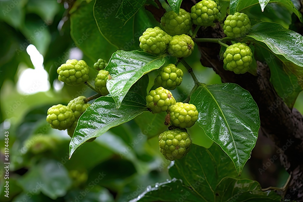 Wall mural Exotic Noni Tree Branch with Fruit - Morinda citrifolia in a Hawaiian Garden or Fruit Farm. Generative AI